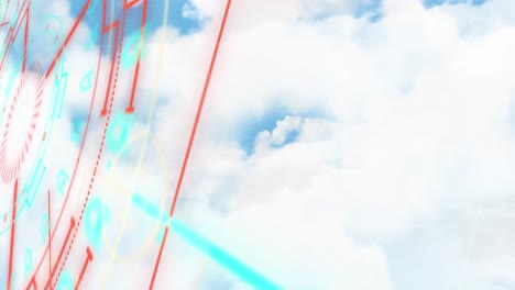 animation of neon round scanner spinning against clouds in the blue sky