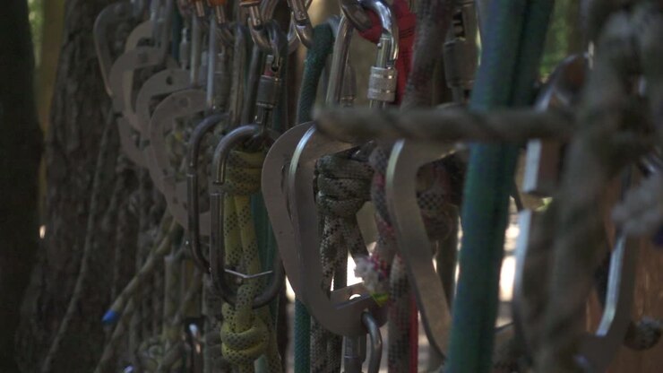 Climbing carabiner and climbing ropes for extrem sport in adventure park