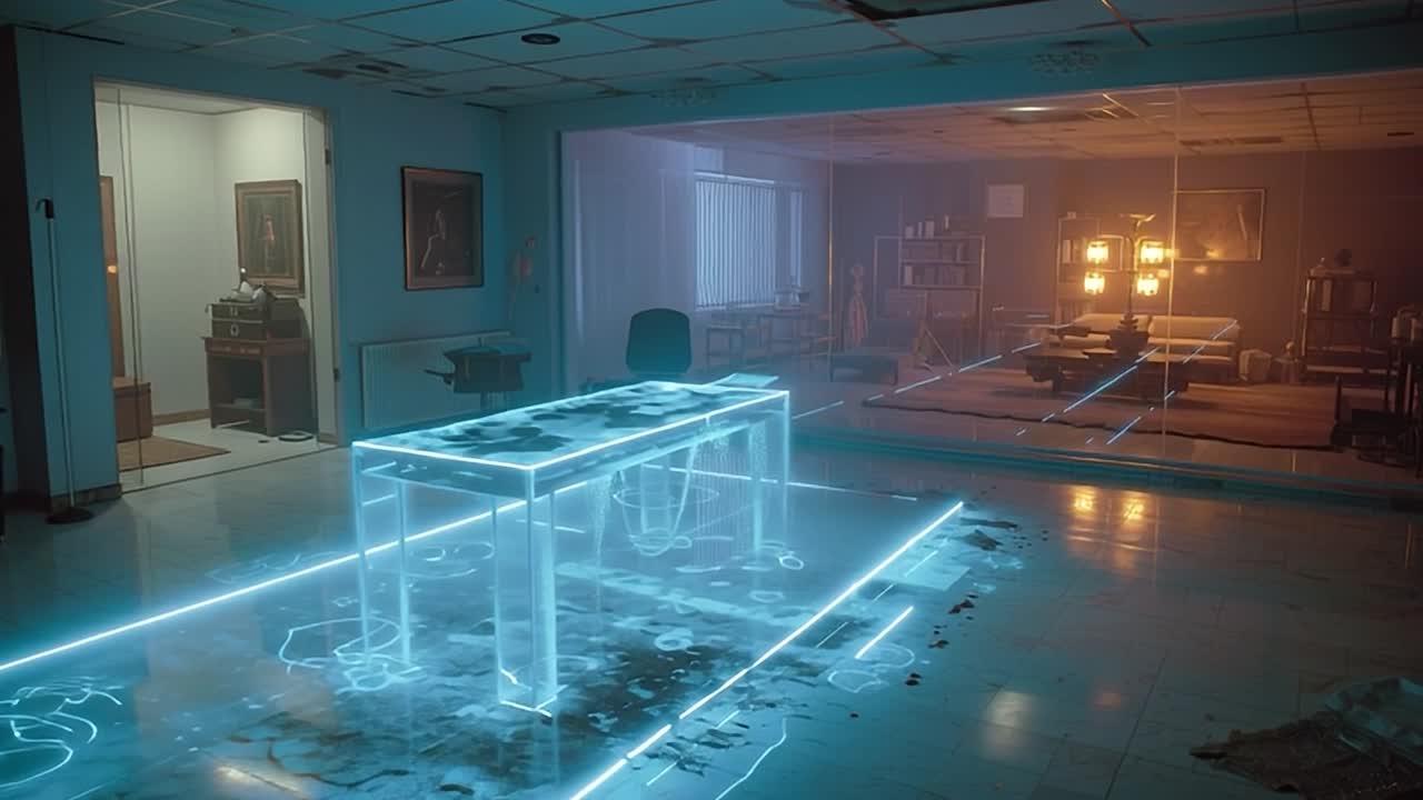 Futuristic neon workspace in abandoned office at dusk