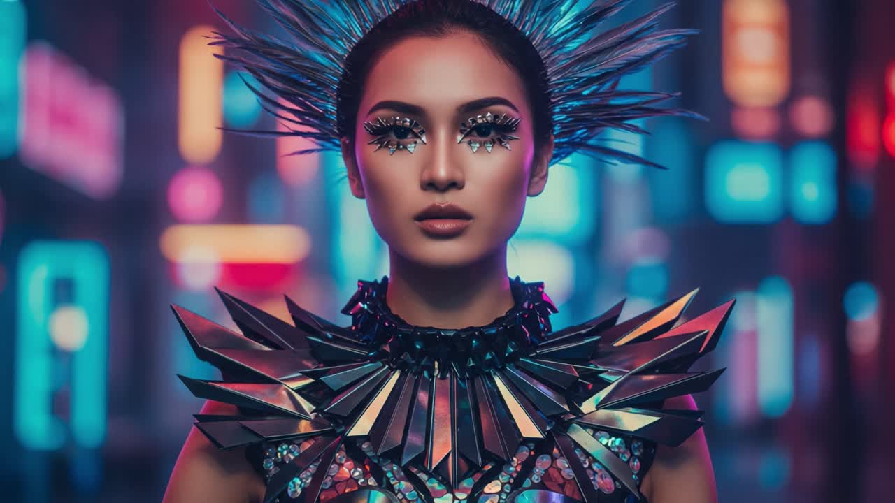 A Bold Fashion Statement: An Artistic Portrait of a Model Showcasing Stunning Futuristic Makeup and Daring Costume in a Vibrant Urban Setting