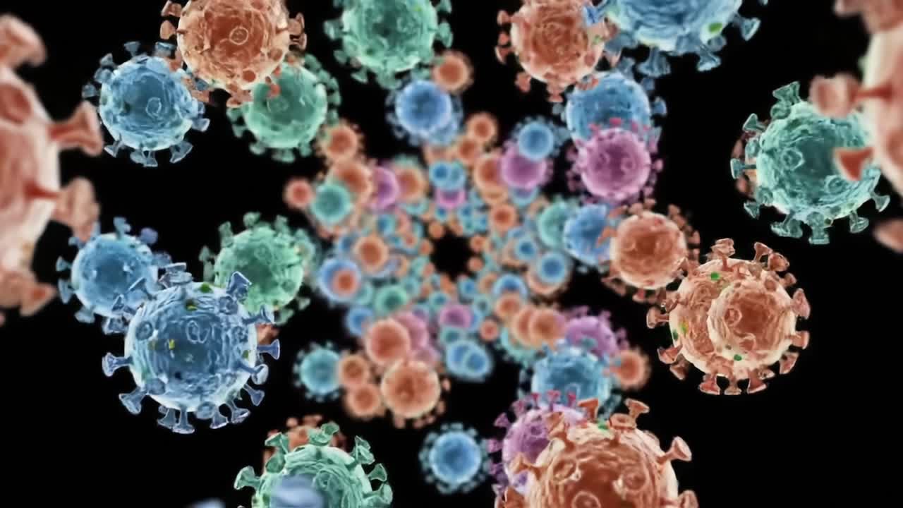 Intricate Visualization of Colorful Virus Particles in a Spiraling Pattern, Showcasing Their Diverse Structures and Dynamics in a Microscopic Environment