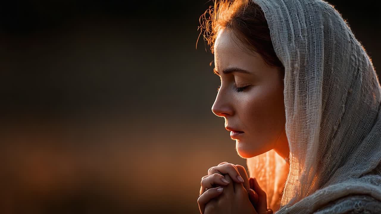 Um momento sereno capturado, mostrando uma mulher em profunda contemplação com as mãos postas, adornada com um lenço macio e esvoaçante, iluminada pelos tons suaves do pôr do sol.