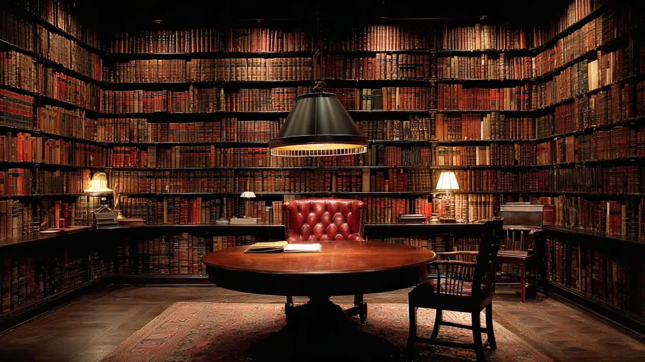 A Serene Library Scene: A Cozy Reading Room Filled with Antique Books, Elegant Furnishings, and Soft Lighting for the Perfect Literary Escape