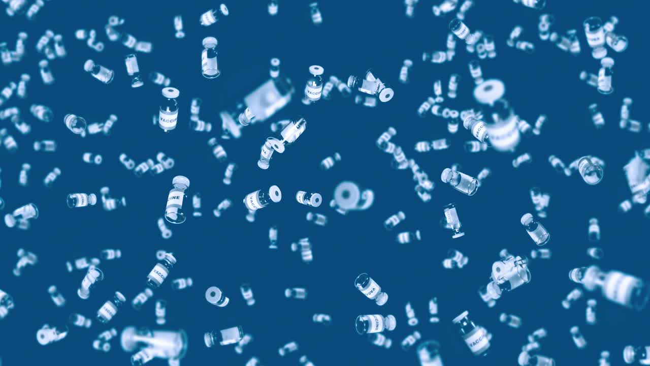 파란색 배경에 많은 백신 병을 날려. 의학 개념. 바이러스 치료. 투명한 액체. 백신의 3d 루프 애니메이션.