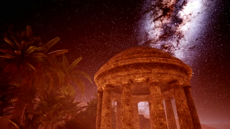4k antigua ciudad romana en el desierto y estrellas de la vía láctea.