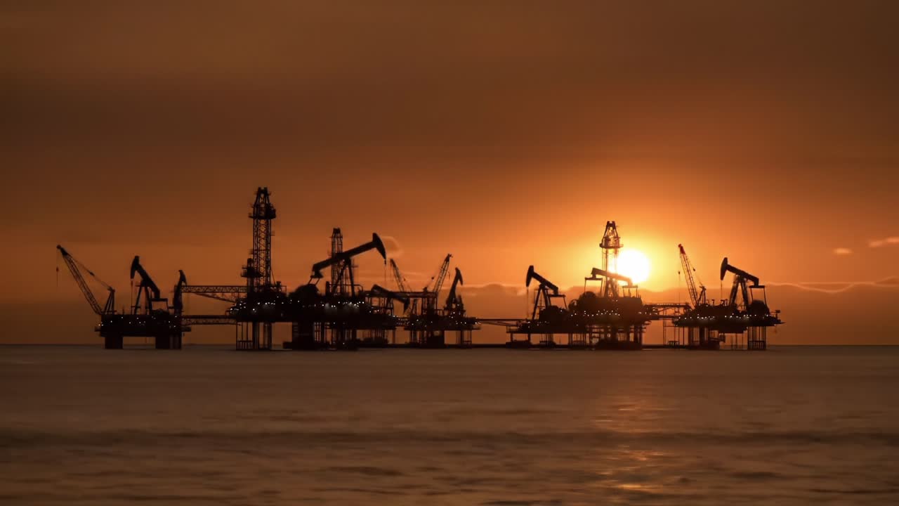 Silhouetted Oil Rigs Against a Dramatic Sunset Over the Ocean, Showcasing Industrial Activity and Natural Beauty in Harmony