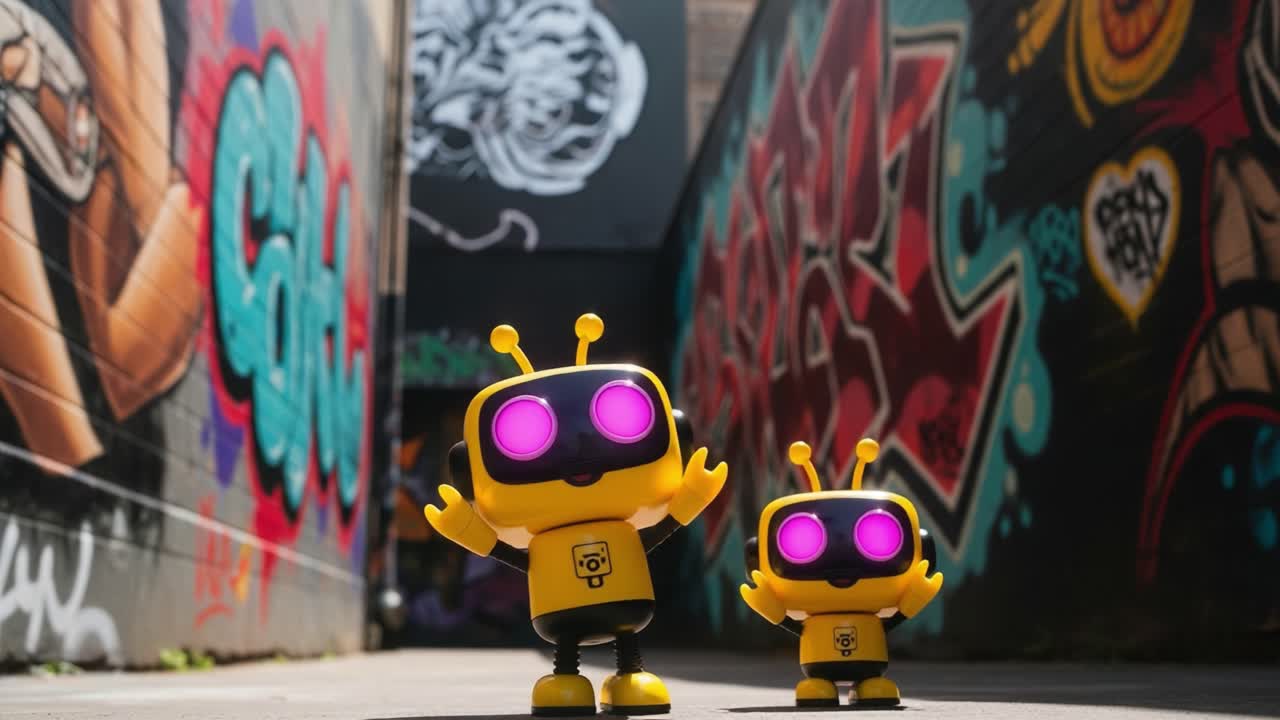 A Colorful Encounter with Charming Robots in an Urban Graffiti Alley Showcasing Vibrant Street Art, Whimsical Designs, and Playful Expressions Surrounded by Culture