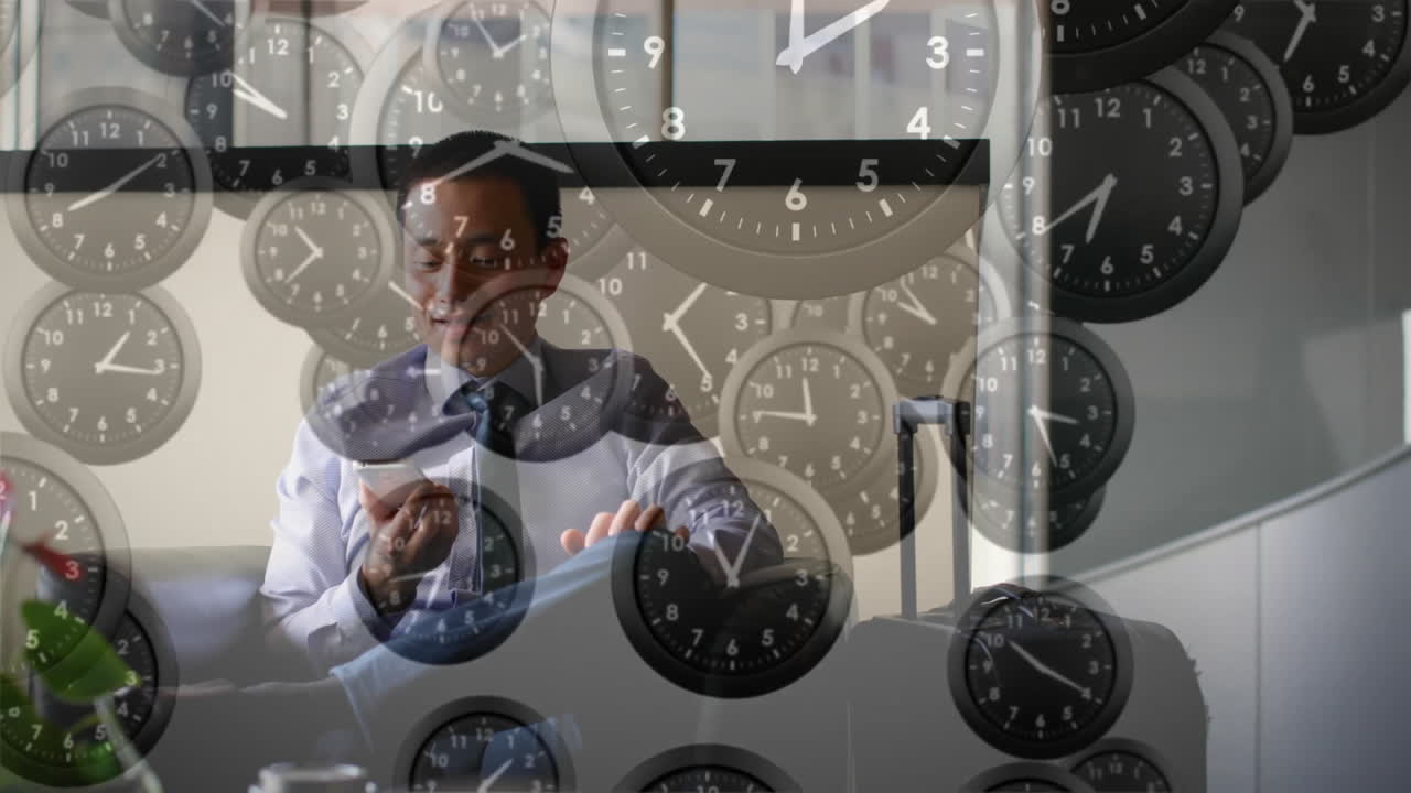 Clocks animation over businessman using smartphone and sitting in office