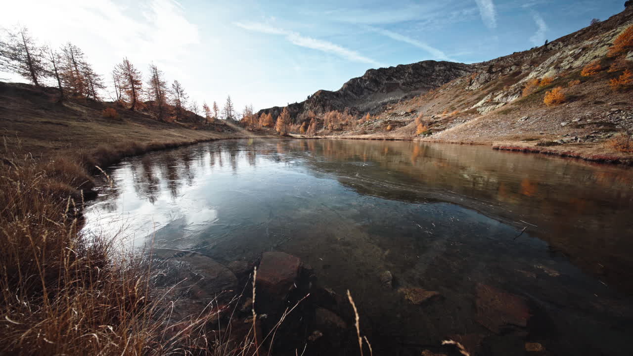 Serene autumn lake with mountains reflecting in calm water