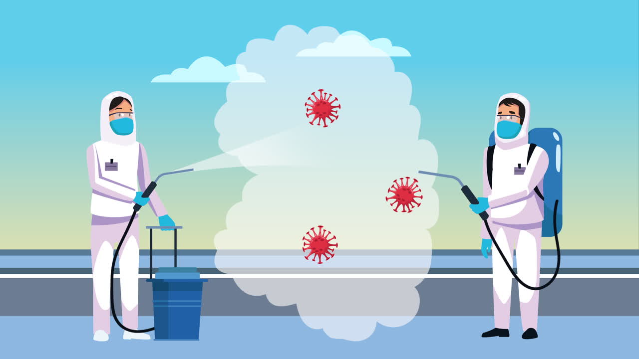 trabajadores de bioseguridad desinfectados con limpiador de pulverización covid-19