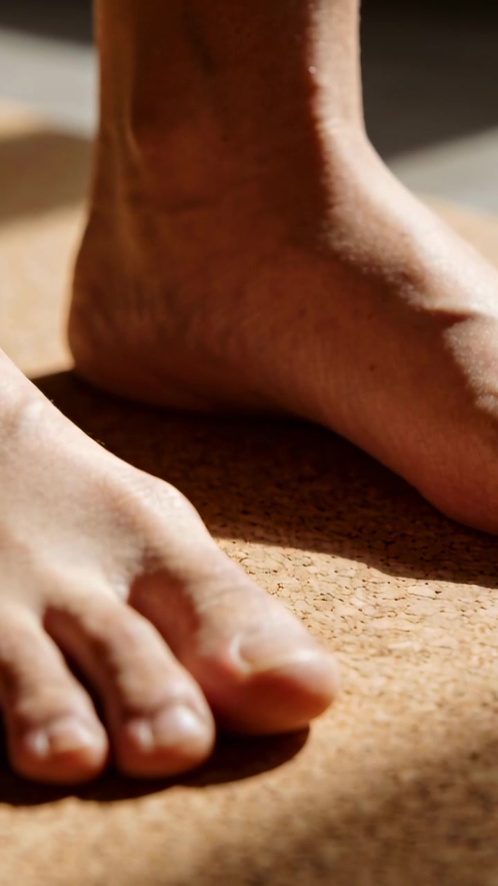 Video verticale: Reazione allo spostamento del peso, piedi che abbassano il tallone e flettono le dita su pavimento in sughero.