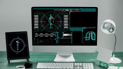 digital interface with data processing on screen of computer and digital tablet