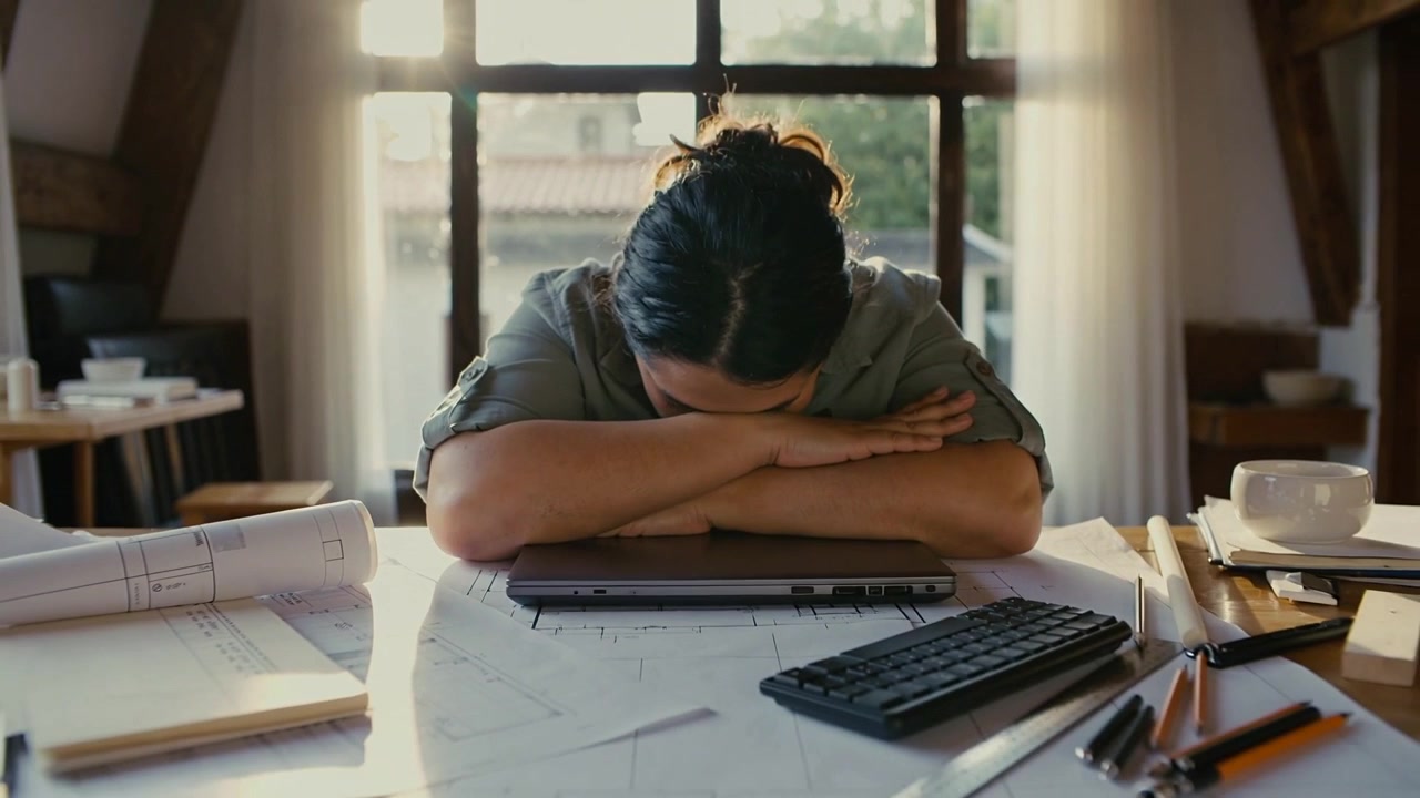Donna con le maniche arrotolate che chiude il laptop, si sfrega i polsi e appoggia la testa sui progetti, cercando riposo alla scrivania.