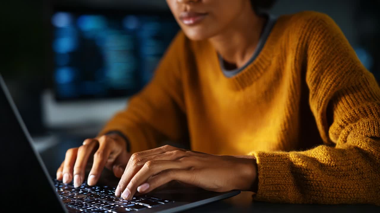 Focused Individual in Cozy Sweater Engaged in Work on Laptop, Illuminated by Screen's Light, Representing Studiousness and Modern Technology in a Comfortable Home Environment