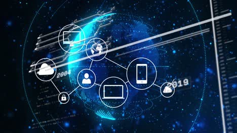 animation of interface with data processing and network of digital icon against spinning globe