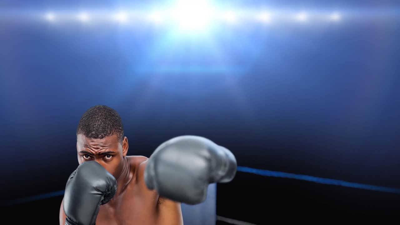 스포트라이트 위에서 권투 링에 있는 아프리카계 미국인 권투 선수의 애니메이션