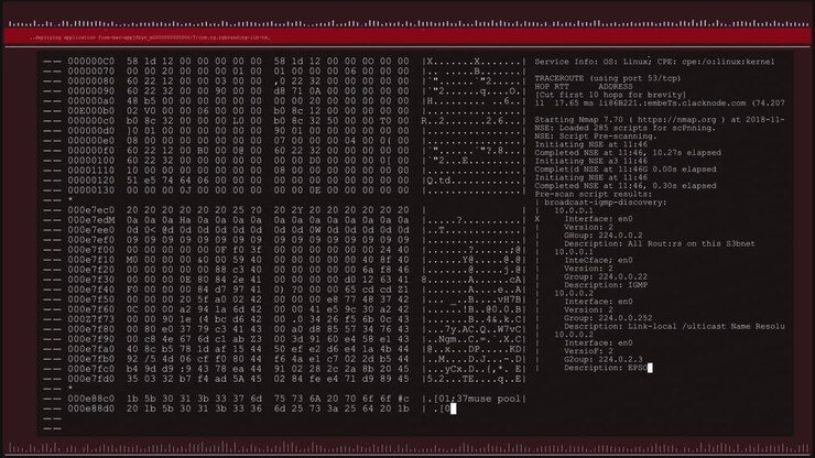 Animation of data processing on black and red computer screen