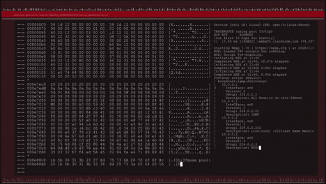 animación del procesamiento de datos en una pantalla de computadora negra y roja