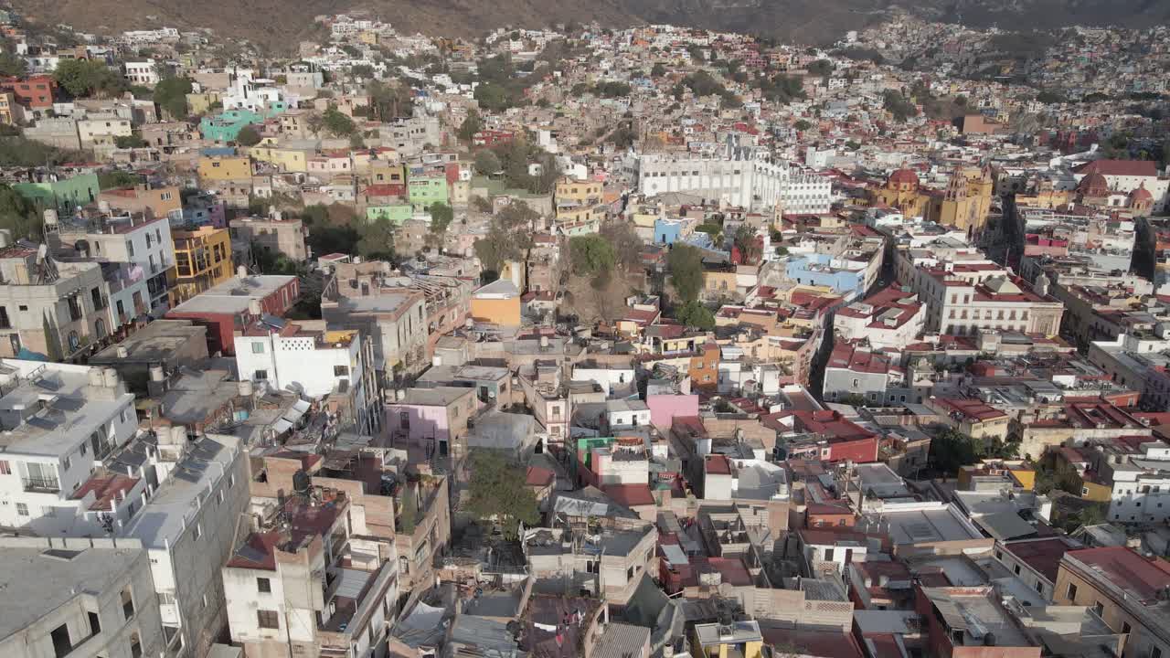 Mountainous cityscape skyline of Guanajuato city, Mexico: Aerial view