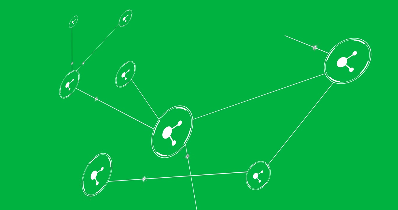 Animazione di una rete di connessioni con icone di condivisione su sfondo trasparente.