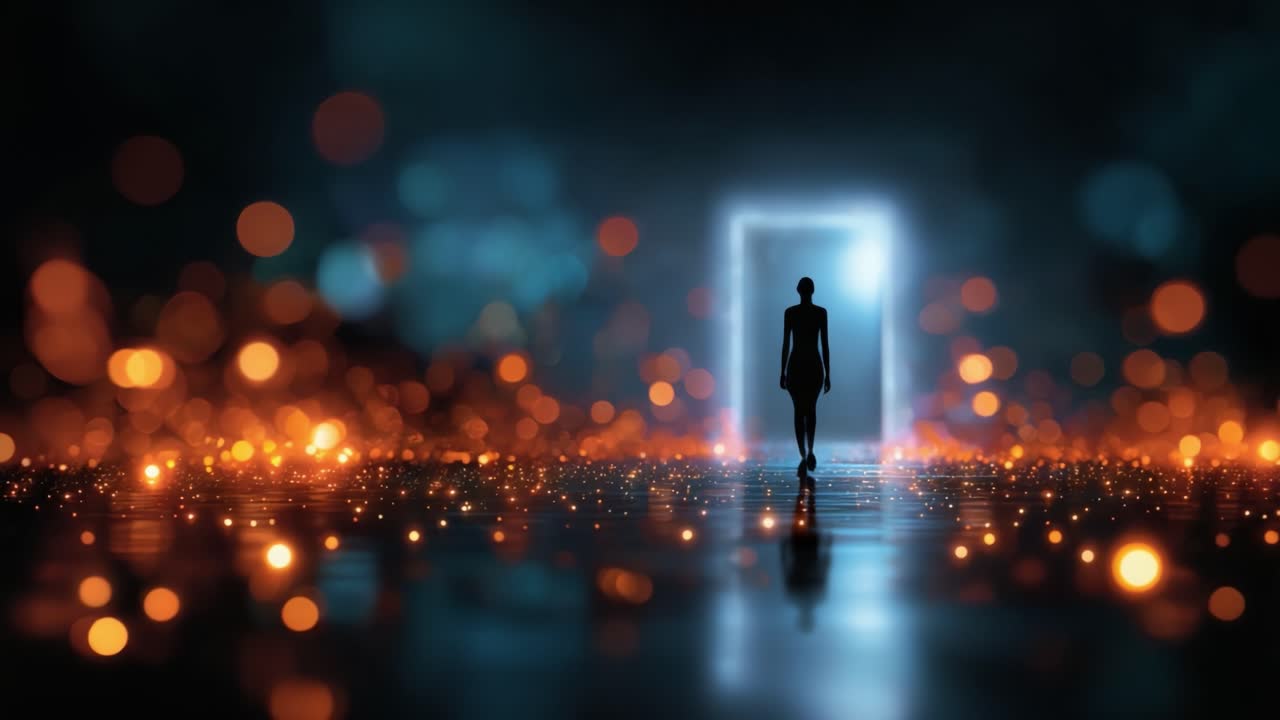 A silhouetted figure emerges towards a glowing door framed by ethereal bokeh lights in a mesmerizing and dreamlike atmosphere, inviting exploration into the unknown
