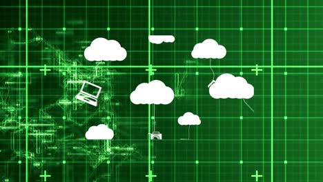 Animation-of-clouds-with-icons-over-green-shapes