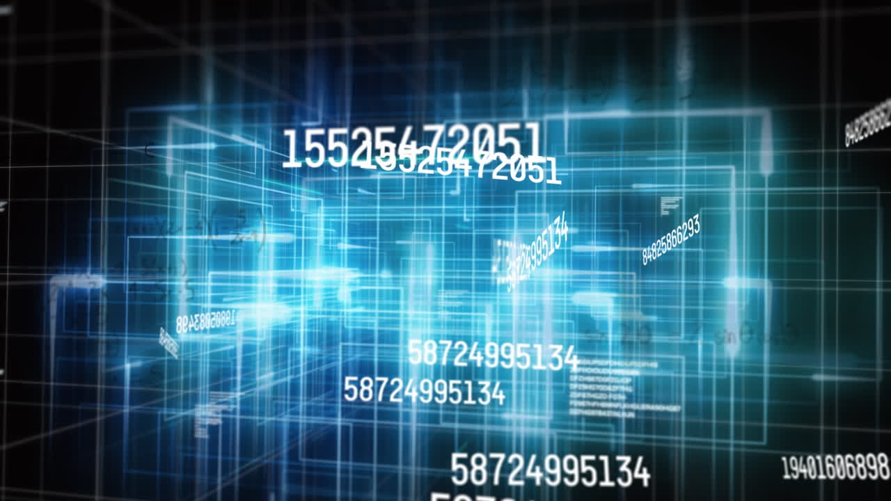 Animation of changing numbers, data processing and globe blue light trails on black background