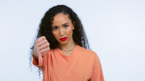 thumb down, upset and face of a woman in studio