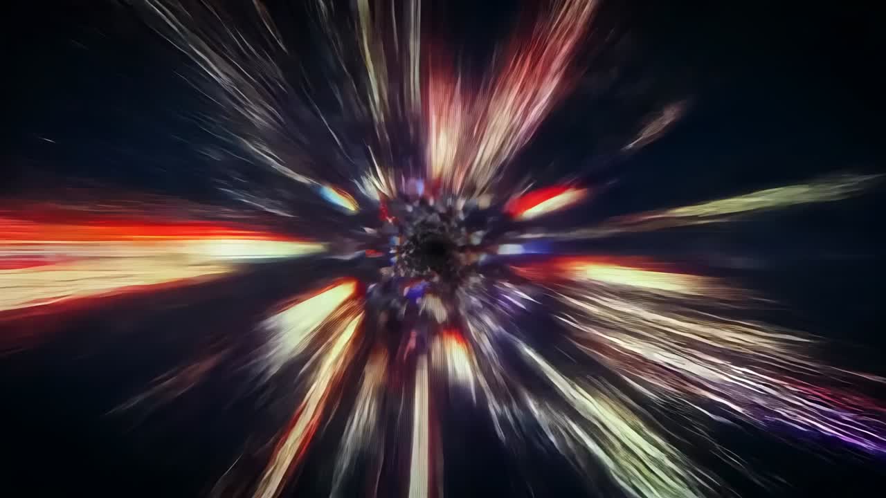 Playback initiating particle cluster elongating into colored streaks through void, creating vortex