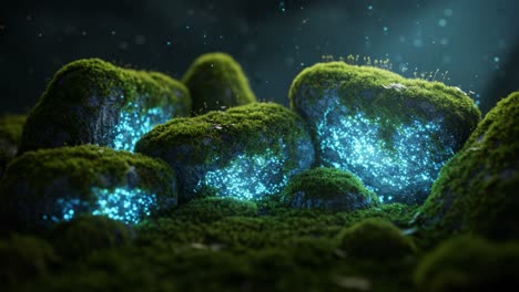 A Captivating Glimpse of Enchanted Rocks Adorned with Luminous Green Moss and Sparkling Particles, Set Against a Mysterious and Ethereal Background
