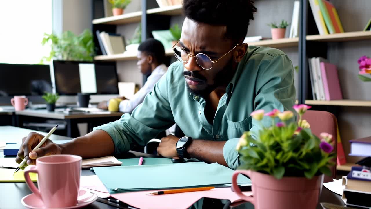 A man wearing glasses is sitting at a desk with a potted plant in front of him