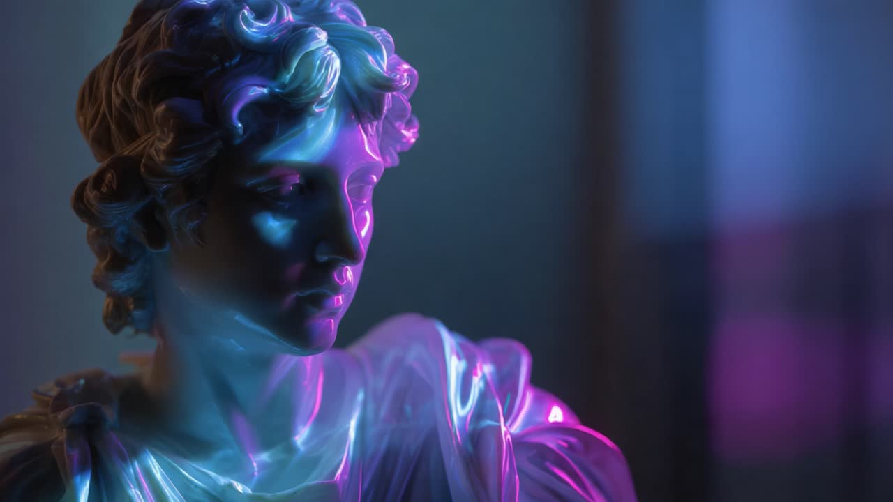 A Stunningly Illuminated Sculpture Capturing Light and Shadow in an Artistic Display of Colorful Reflections and Intricate Details of the Subject's Features