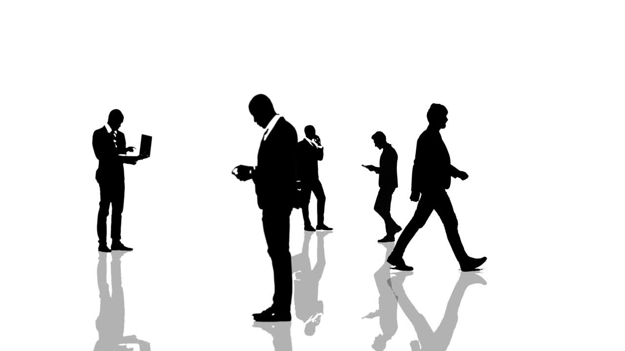 카메라를 향해 움직이는 사업가들의 실루을 가진 애니메이션.