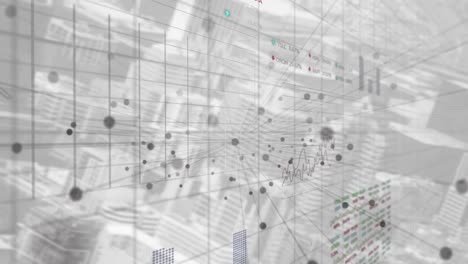 Animation-of-dots,-multiple-graphs,-stock-market-data-over-modern-buildings-in-city