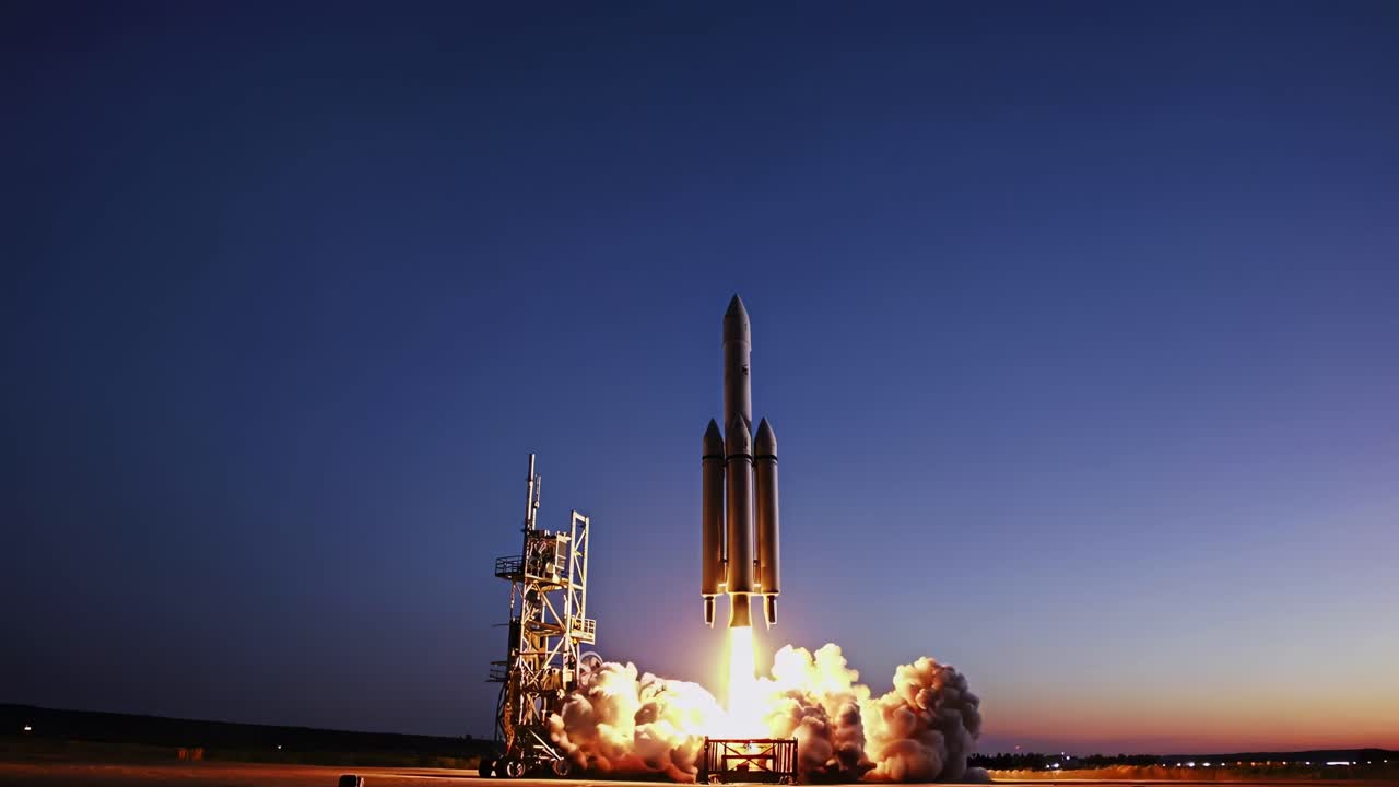 Rocket launching into the sky with smoke plumes and engine fire. The rocket ascends into the sky