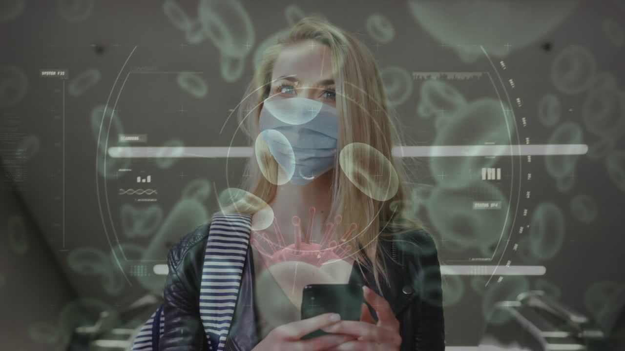 animación de células de covid-19 que se mueven sobre una mujer con máscara facial