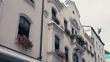 building facade of flower decorations and white paint, altstadt, dusseldorf