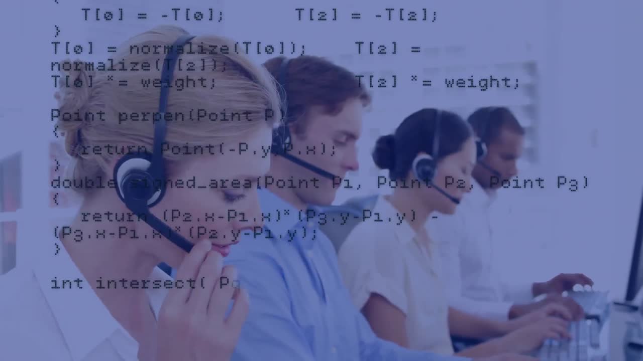 Animation of data processing over business people using phone headsets