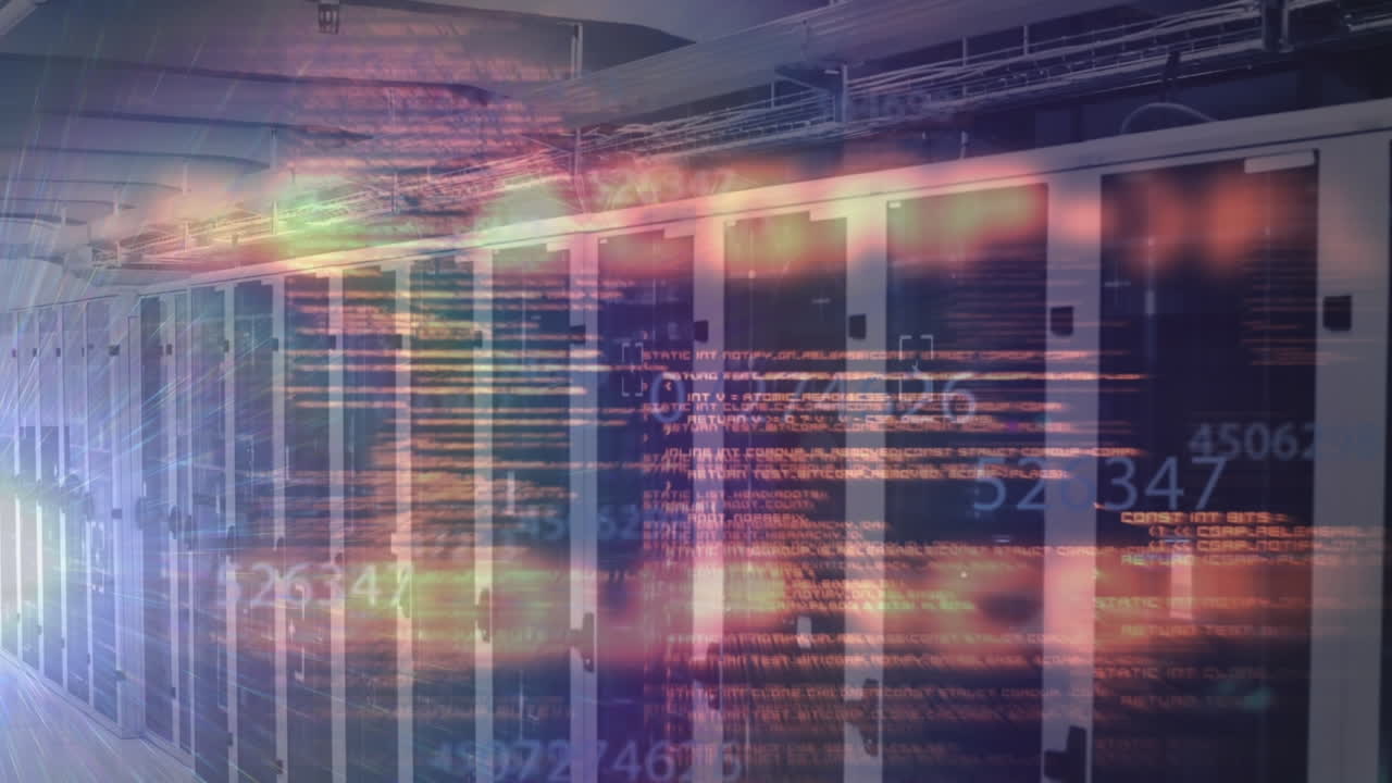 Animation of computer language and changing numbers over server room in background