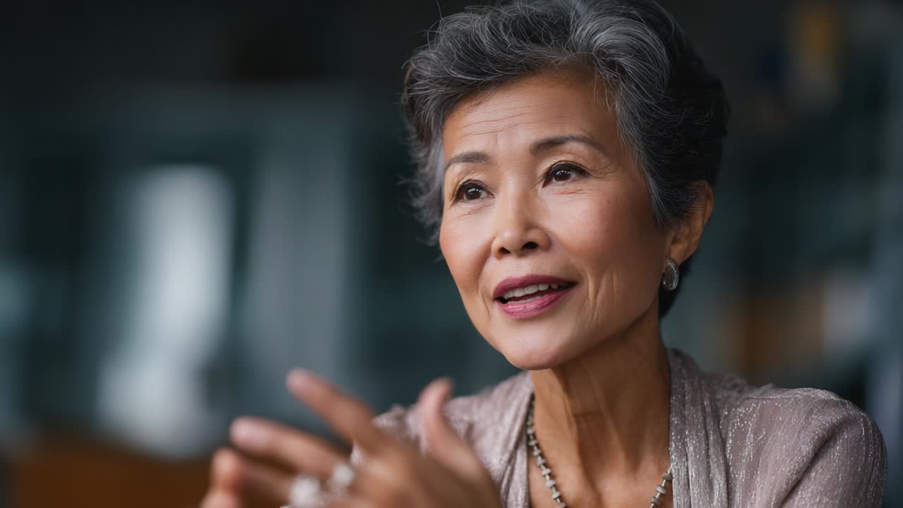 An Engaging Conversation Captured: A Thoughtful Older Woman Expressing Ideas and Emotions as She Gestures With Her Hands, Showing Wisdom, Experience, and Deep Involvement in the Discussion