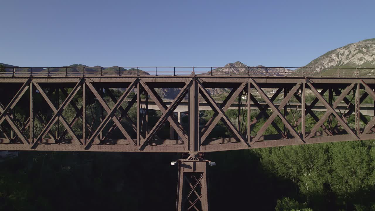 Steel bridge and concrete bridge. Aerial view. Comparative aerial view of civil structures. Engineering. Construction. Durcal. Spain