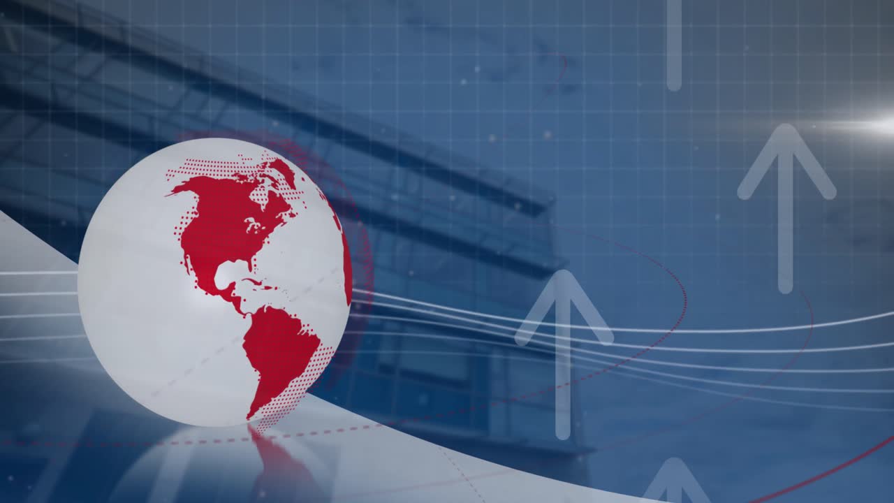 회전하는 지구와 화살표 아이콘이 높은 건물을 향해 위로 움직이는 애니메이션