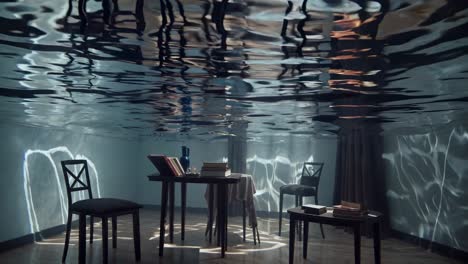 sunlight illuminates a submerged room with furniture and books, the water surface above rippling gently, creating a serene and surreal atmosphere