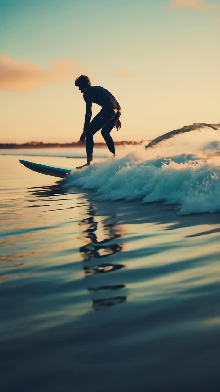 A dynamic low-angle shot captures a surfer riding a wave at sunset, highlighting motion