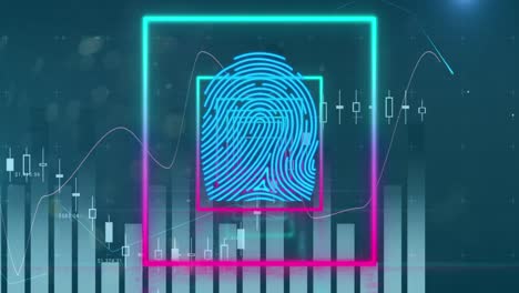 animación de gráficos, datos y cuadrados de neón con huella dactilar en fondo azul