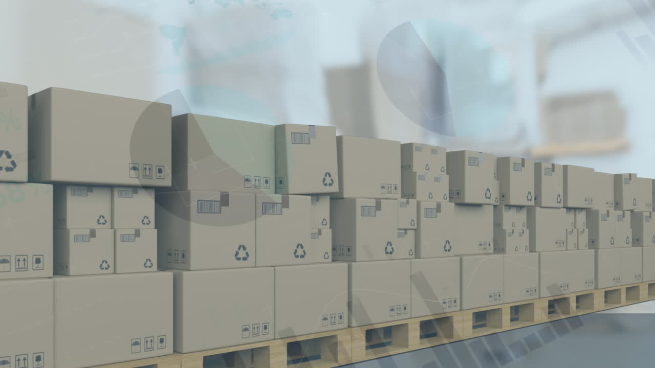 animación del procesamiento de estadísticas sobre cajas de cartón en cinta transportadora