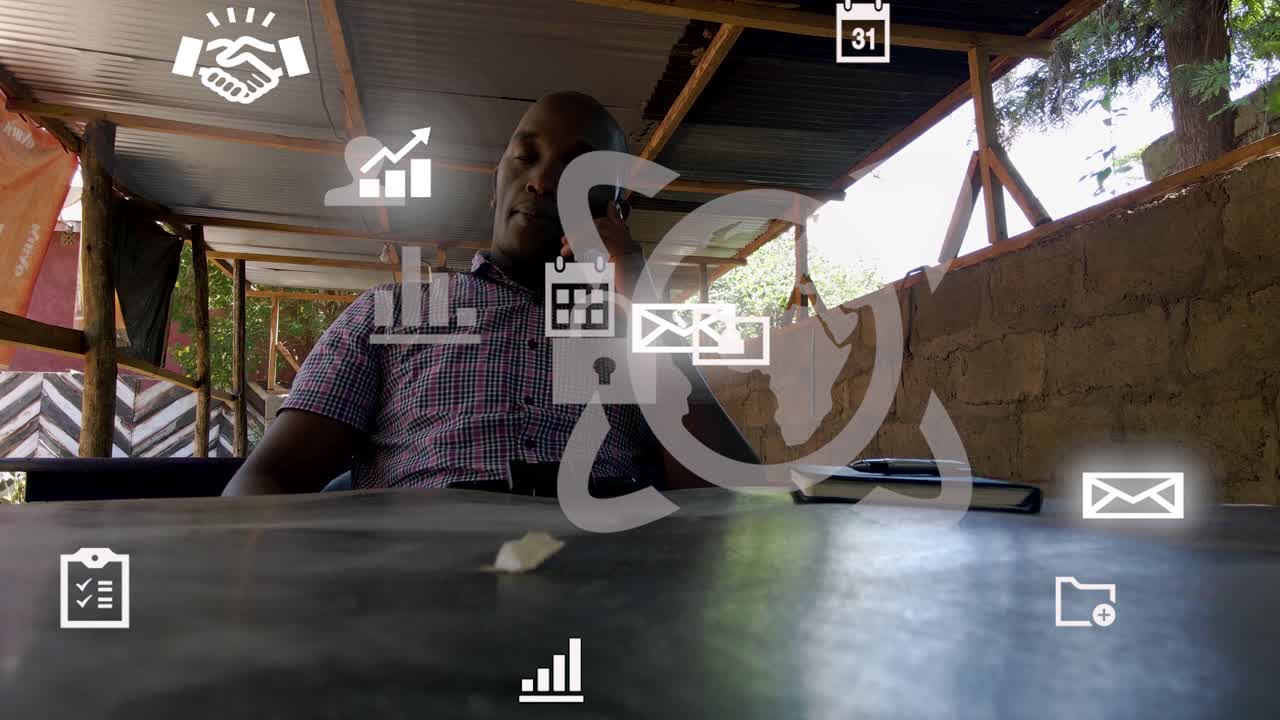 전화를 사용하는 사람의 미래 지향적인 그래픽 디자인