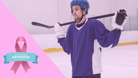 animation of pink ribbon logo with hope text over hockey player