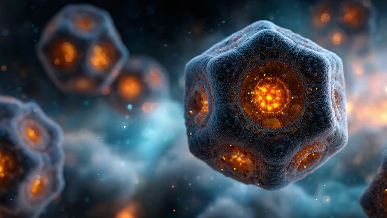 Intricate Microscopic Structures: A Close-Up Exploration of Hexagonal Particles Emitting Fiery Glows Against a Cosmic Background of Nebulae