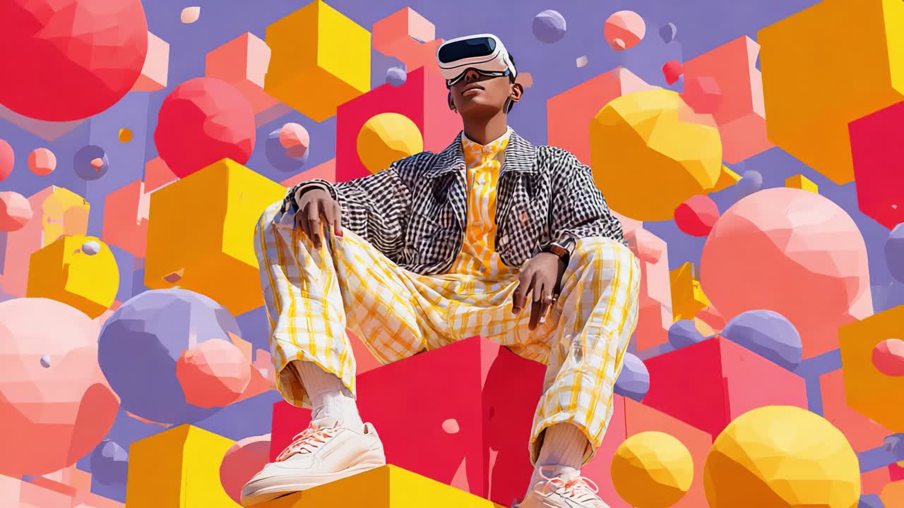 A person wearing a virtual reality headset sits confidently amidst a vibrant collage of colorful geometric shapes and spheres, fully immersed in a visually stimulating world of technology and imagination